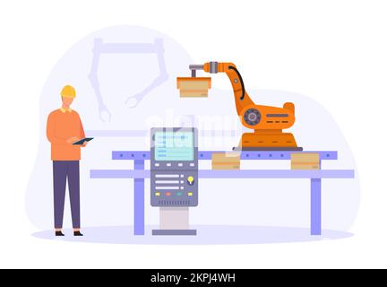 Leute, die in der Fabrik arbeiten. Der Roboterarm nimmt Pakete vom Band auf. Ingenieur, der die Fabrik- oder Lagertechnik kontrolliert. Ausrüstung für die Fertigungsindustrie Stock Vektor