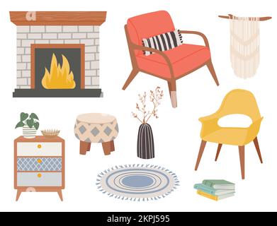 Skandinavische Möbel. Minimalistische Einrichtung für die Inneneinrichtung. Wohnzimmereinrichtungen im Stile der Hygge wie Sessel, Puffmütze, Teppich, Kamin, h Stock Vektor