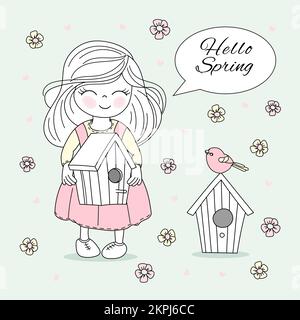 FRÜHLINGSZEIT süßes, langhaariges Mädchen mit Vogelhaus und Vogel auf hellgrünem Hintergrund mit Blumen Cartoon Clip Art Vektor-Illustration zum Drucken Stock Vektor
