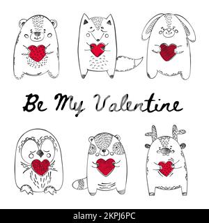 VALENTINSTIERE Schwarzweiß süße Babys lustiger Tiere mit roten Herzen in den Händen Cartoon Clip Art mit Handschrift Text Vektor Illustration Set für P Stock Vektor
