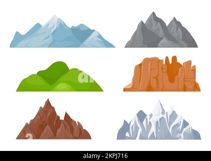 Cartoon-Gebirgskämme. Naturlandschaften mit schneebedeckten Gipfeln, grünen Hügeln und Steinklippen. Wilde Gebiete im Freien zum Wandern oder für Extremsport in diff Stock Vektor