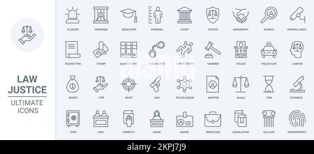 Dünne Liniensymbole für Recht und Gerechtigkeit stellen die Vektordarstellung ein. Abstrakte Darstellung von Abzeichen und Symbolen des Rechtssystems, Dokumenten für Vereinbarung und Urteil, Richter Hammer und Unterlassungsklage, Polizeistation und Gefängnis Stock Vektor