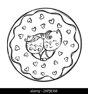 VALENTINE DOUGHNUT niedliche Kätzchen steckten seinen Kopf in Donut Sweet Holiday Cartoon Schwarz-Weiß handgezeichnete Clip Art Vector Illustration für Print Stock Vektor