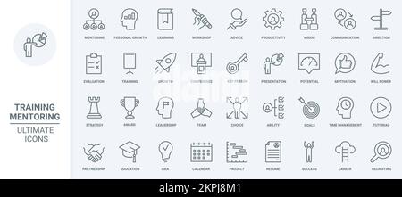 Mentoring, Schulung für Business-Teams dünne Symbole bilden die Vektordarstellung. Abstrakte Übersicht über Karriereentwicklung, Organisation und Beratung von Workshops, Ratschläge, Bewertung und Kommunikation mit Lehrern Stock Vektor