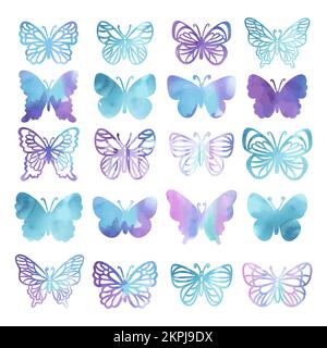 AQUARELLE SCHMETTERLINGE SILHOUETTEN wunderschöner Sommer Purple Tropical Insects auf weißem Hintergrund handgezeichneter Cartoon Clipart Vector Illustration Set Stock Vektor