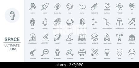 Raumfahrt, Universum Forschungstechnologie dünne Linien Symbole setzen Vektordarstellung. Abstrakte Darstellung von Astronauten und Raumschiff, Mond- und Sonnensystem-Planeten, futuristisches Observatorium und Teleskop Stock Vektor