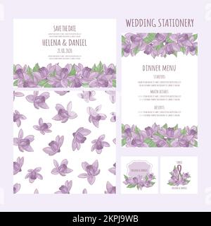 HOCHZEIT AQUILEGIA COMPLETE Design Purple Kollektion Hochzeitsgegenstand mit Blumendesign Urlaub Cartoon Clip Art nahtlose Muster Vektor-Illustration Set für PR Stock Vektor