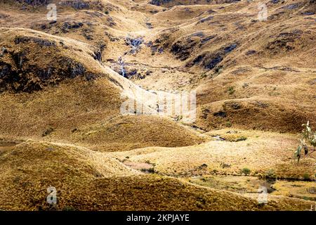 Im Cajas-Nationalpark im Hochland der Anden von Ecuador, den tropischen Anden, trifft ein Wasserstrahl auf einen Gletschersee. Stockfoto