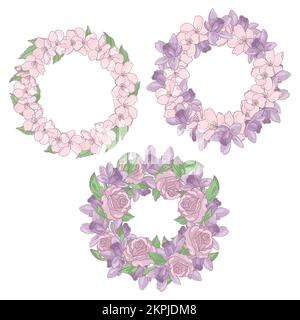 KRÄNZE aus Rosa und Lila Blumen von Sakura Apfelrosen und Aquilegia dekorierte grüne Blätter Cartoon Clip Art Vector Illustration Set zum Drucken Stock Vektor