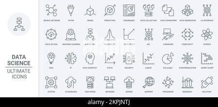 Datenanalyse, Innovation neuronaler Netzwerke und Wissenschaft dünne Linien Symbole dienen als Vektordarstellung. Abstrakte Darstellung von KI-Gehirn, Machine Learning-Technologie für Vorhersage, Transformation und Datenspeicherung Stock Vektor