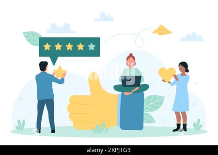 Kunden-Feedback, Überprüfen Sie die Vektordarstellung des Service. Zeichentrickfilme winzige Menschen, die auf dem Daumen-hoch-Schild sitzen und Bewertungssterne und Herzen geben, empfehlen Produkte oder Erfahrungen in einer Umfrage in sozialen Medien Stock Vektor