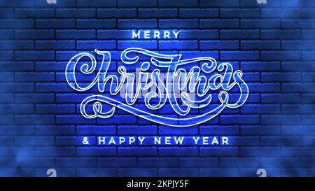 Merry Christmas Happy New Year Handschrift Neonschild. Leuchtendes, leuchtendes, leuchtendes Banner für Nachtschilder. Glühendes Xmas-Modeposter. Frostiges nebiges, kaltem Neonlicht auf schwarzem Backsteinhintergrund Stock Vektor
