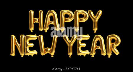 3D Abbildung eines schönen neuen Jahresbriefs mit goldenen Ballons auf schwarzem Hintergrund Stockfoto
