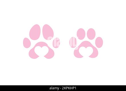 Hundekatzen-Liebespazen-Muster mit herzförmigen Vektorsymbolen. Tierhandlung oder Veterinärlogo. Hundekatzenpfote druckt Aufkleber. Stock Vektor