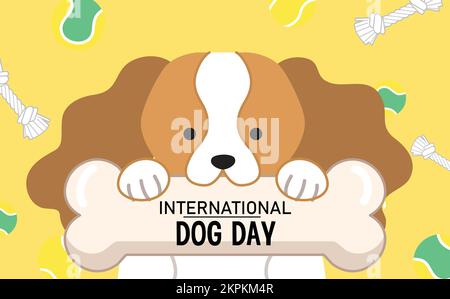 Süßer Kavalier, König charles, Hund mit Knochen. Banner oder Plakat zur Feier des internationalen Hundetags oder des Hundetags. Stock Vektor