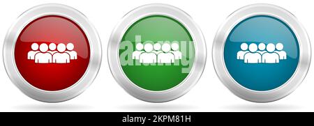 Personengruppe, Team, Teamarbeit Vektor Icon Set. Rote, blaue und grüne silberne Metallic-Web-Knöpfe mit Chromrand Stock Vektor
