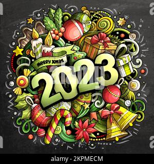 2023 Kritzeleien Illustration. Neujahrs-Objekte und Elemente-Poster Stock Vektor