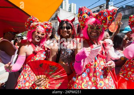 Salvador, Bahia, Brasilien - 08. Februar 2016: Während des Karnevals in der Stadt Salvador, genannt Troca, werden die Menschen angezogen und tanzen Stockfoto