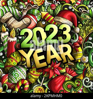 2023 Kritzeleien Illustration. Neujahrs-Objekte und Elemente-Poster Stock Vektor