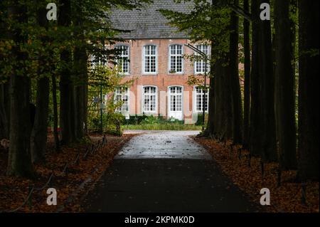 Ternat, Flämische Region Brabant, Belgien, 11 04 2022 - Fassade des Kruikenburger Schlosses durch eine Baumspur Stockfoto
