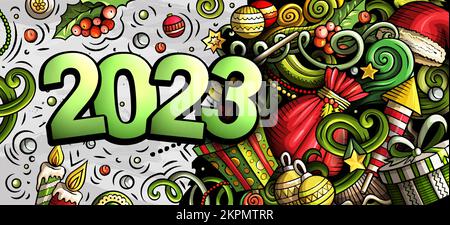 Horizontale Abbildung: 2023 Kritzel. Banner für Objekte und Elemente im neuen Jahr Stock Vektor