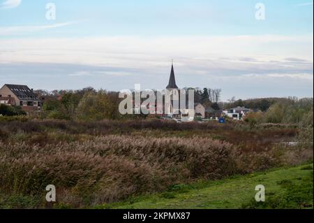 Berlare, Ostflämische Region, Belgien, 11 02 2022 - Blick auf die natürliche Überschwemmungsebene der Schelde und das Dorf Stockfoto