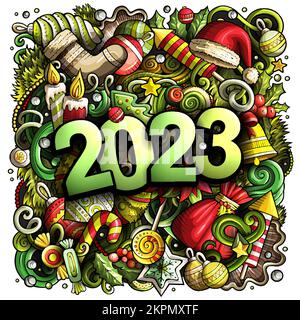 2023 Kritzeleien Illustration. Neujahrs-Objekte und Elemente-Poster Stock Vektor