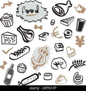 Set of Doodles – Food-Elemente und -Gegenstände in Schwarz und Beige, Flasche, Wein und Gebäck Stock Vektor