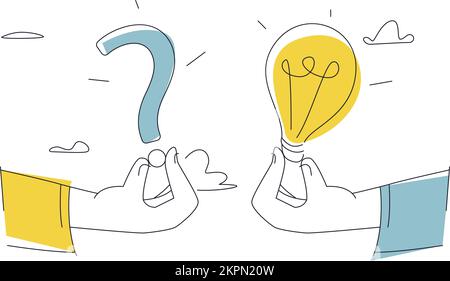 Eine Vektordarstellung von zwei Händen mit einem Fragezeichen und einer Glühbirne Stock Vektor