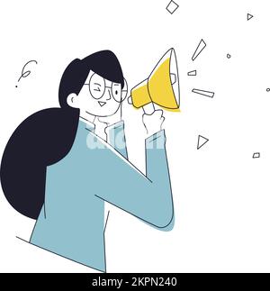 Ein Vektorbild eines Mädchens, das eine Durchsage mit einem Megafon macht Stock Vektor