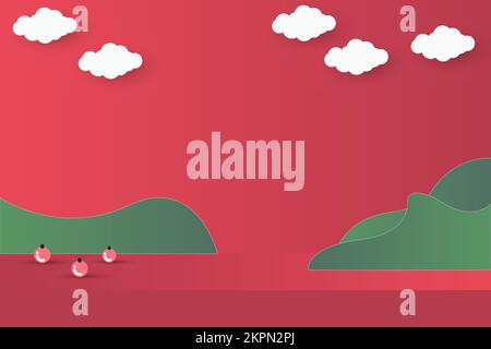 Grüner weihnachtsbaum auf rotem Papier abstrakter Hintergrund mit Himmel- und Liniendesign für frohe weihnachten, Posterkarte, Banner, Geschenkkarte, weihnachten Stock Vektor