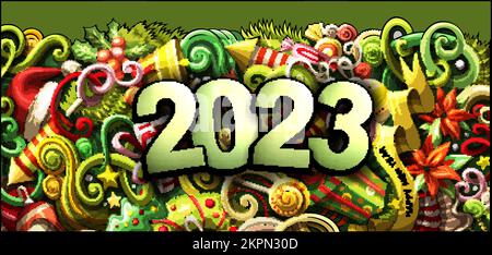 Horizontale Abbildung: 2023 Kritzel. Banner für Objekte und Elemente im neuen Jahr Stock Vektor