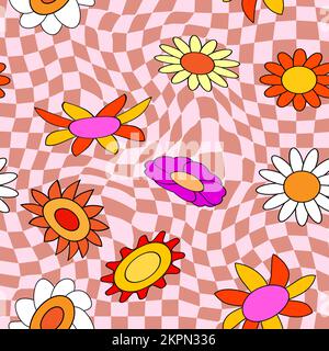 Groovy Hippie-Blume mit nahtlosem Muster. Farbenfrohe Blumen trendiges Karomuster mit Verzerrung im Hintergrund Retro-Trippy-Stil der 70s Jahre Stock Vektor