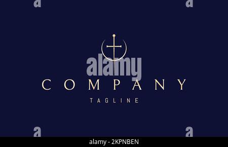 Goldenes Vektorlogo, auf dem ein abstraktes Bild des Mondes und ein Dolch in Form eines Kreuzes abgebildet sind. Stock Vektor