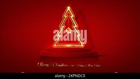 3D Weihnachtspodest, frohe Neujahrsparty, goldener Neonbaum mit zylindrischer Form der Produktpräsentation, goldene festliche Dekoration für die Feiertage. Luxus Stock Vektor