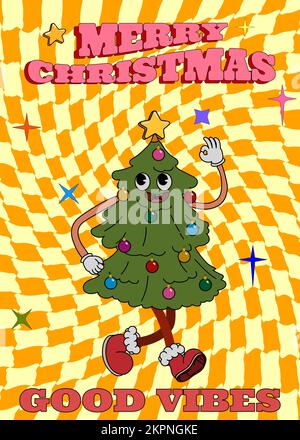 Ein tolles Hippie-Weihnachts-Poster. Weihnachtsbaum im trendigen Retro-Cartoon-Stil Stock Vektor