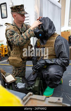 USA Marines CPL. Joshua Nottingham assistiert Sergeant David McMillin, beide bei der Marine Corps Chemical Biological Incident Response Force, mit seinem Dekontaminierungsanzug zur Vorbereitung auf die Übung Vista Forge am 2. November in Atlanta. Militärische Einheiten, bestehend aus einer chemischen, biologischen, radiologischen und nuklearen Eingreiftruppe (DCRF), nehmen an dieser lang geplanten jährlichen Übung Teil, die die Fähigkeit des Verteidigungsministeriums zur Koordinierung mit lokalen, staatlichen, Und andere Bundesbehörden, um Leben zu retten und menschliches Leid während eines Katastrophenvorfalls zu mildern, durch urbane Suche und Wiedereingliederung Stockfoto