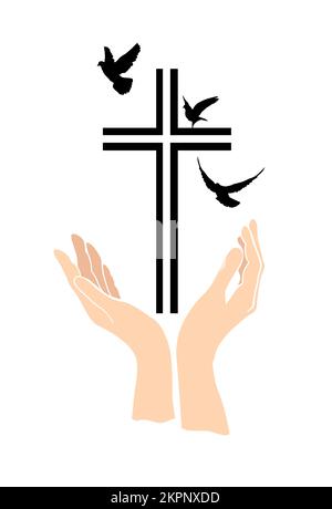 Religiöses Kreuz in der Hand. Fliegende Vögel der Welt. Vektordarstellung Stock Vektor