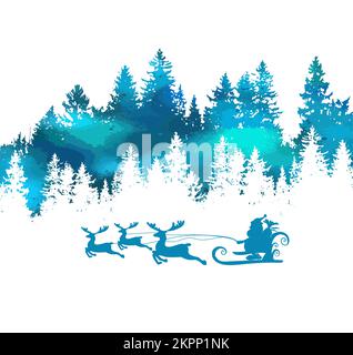 Der Weihnachtsmann fliegt über den Wald. Vektorgrafik Stock Vektor