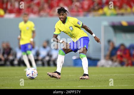 Doha, Katar. 28.. November 2022. Foto Fabio Ferrari/LaPresse - 28 Novembre 2022 Doha, Katar - Sport - Calcio - Katar 2022 - Coppa del Mondo FIFA - Brasilien vs. Svizzera - Gruppo G - Fase A Gironi - Stadium 974. Nella foto: Fred (Brasilien) 28. November 2022 Doha, Katar - Sport - Fußball - Katar 2022- FIFA Weltmeisterschaft - Brasilien gegen die Schweiz - Gruppe G - Gruppenphase - Stadium 974. Auf dem Bild: Fred (Brasilien)/ PRESSINPHOTO Credit: PRESSINPHOTO SPORTS AGENCY/Alamy Live News Stockfoto