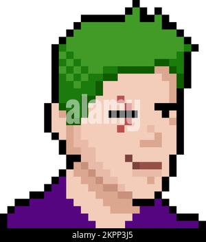 Ein Computerspiel-Charakter mit grünem Haar und einer Narbe auf seinem Auge. Pixel Art NFT-Konzept. Vektordarstellung Stock Vektor