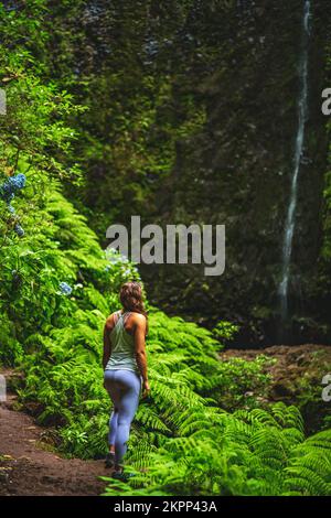 Beschreibung: Sportliche Frau bewundert einen beeindruckenden Wasserfall im Dschungel mit wunderschönen Blumen und Farnen. Levada von Caldeirão Verde, Insel Madeira Stockfoto