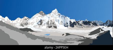 Mount Everest und Nuptse von der nepalesischen Seite aus gesehen vom Kala Patthar Gipfel, Vektorbild, Mount Everest 8.848 m, Khumbu Tal, Sagarmatha National p Stock Vektor