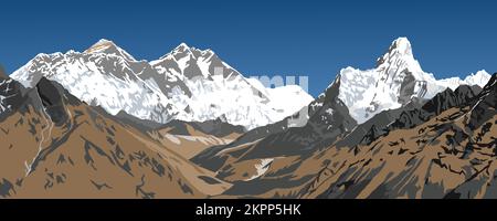 Mount Lhotse und Nuptse, Südfelswände, Gipfel des Mount Everest und des Ama Dablam Peak, Vektordarstellung, Khumbu-Tal, Everest und Nepal himalaya Moun Stock Vektor