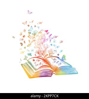 Offenes Buch mit fliegenden Buchstaben. Vektordarstellung Stock Vektor