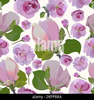 Nahtloses Vektormuster mit Sakura, Magnolienblüten. Frühlingsblumen-Hintergrund. Stock Vektor