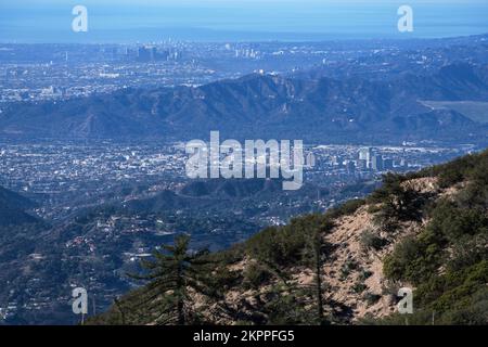 Blick auf Glendale, Griffith Park und Century City vom Mt Lowe im Angeles National Forest und San Gabriel Mountains im Los Angeles County, Cal Stockfoto