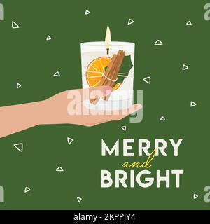 Frohe Weihnachtskarte mit Duftkerze aus Sojawachs und getrockneten Orangen in weiblicher Hand. Silvester, fröhliche und leuchtende Weihnachtsplakate, Einladung. Stock Vektor