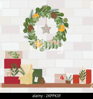 Weihnachtsgeschenkschachteln und Kerzen im Regal, Weihnachtskranz an der Wand. Frohes Weihnachtsbanner, Poster, Einladung. Umweltfreundliche Geschenke ohne Verschwendung. Handgezogene VEC Stock Vektor