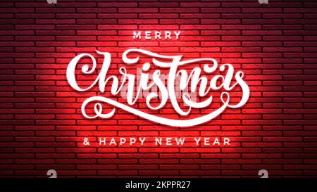 Merry Christmas Happy New Year Handschrift Neonschild. Leuchtend leuchtend leuchtend leuchtendes Nachtbanner. Leuchtendes kalligrafisches Xmas-Poster. Winterurlaub Neonlichter auf Backsteinwänden Stock Vektor